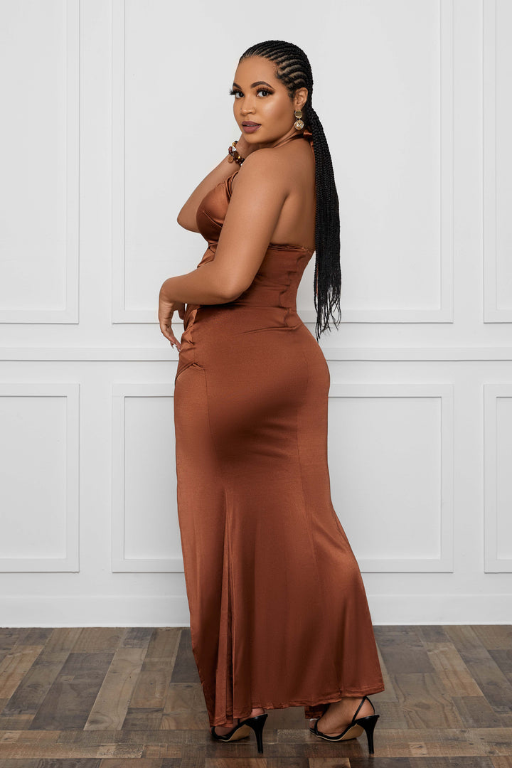 sexy brown dress WARM DESIRE SATIN MAXI US2 Which Bust 33 BIN-101619-SC1 Color:Peacock Wedtrend Women Dark Navy