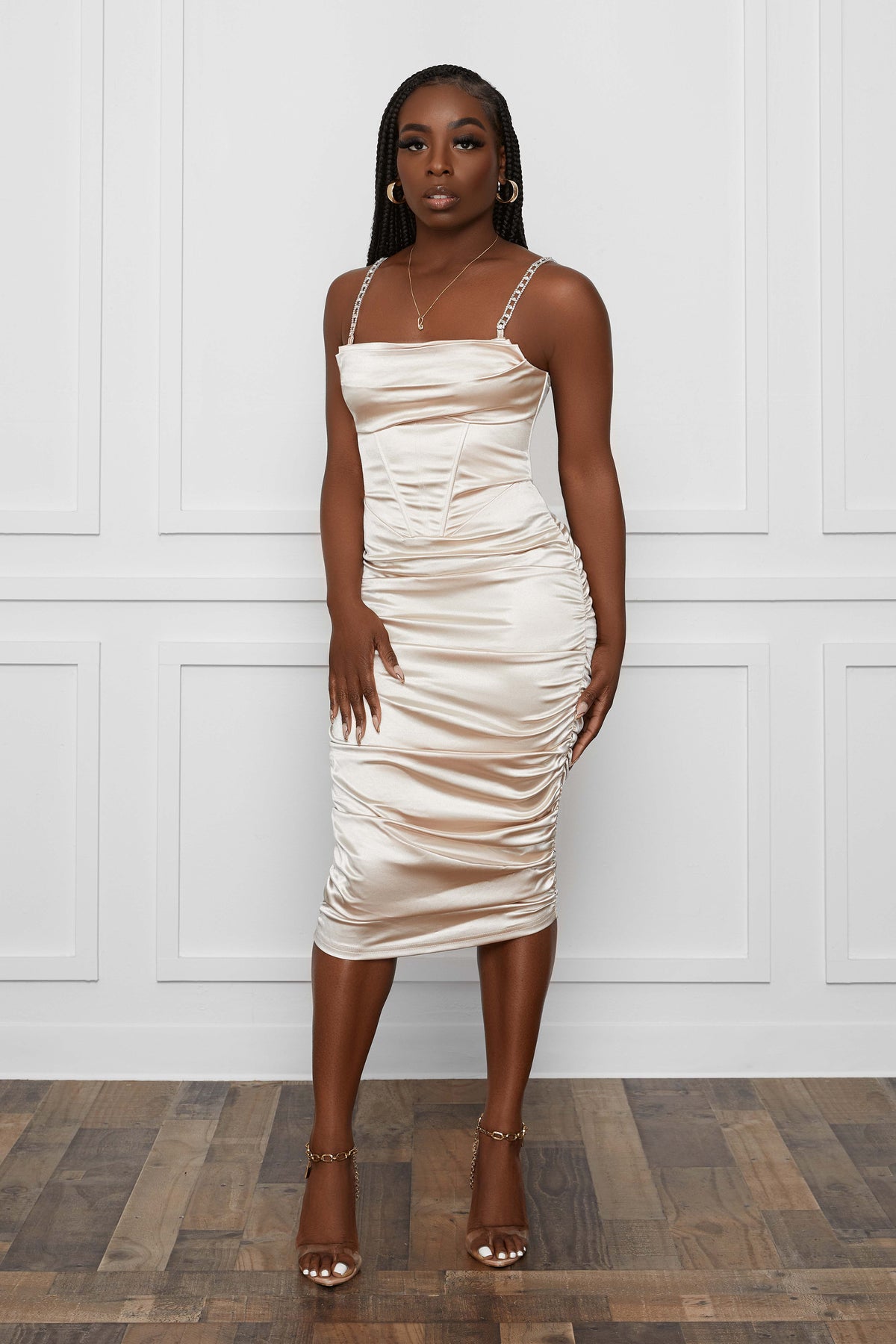 satin midi dress champagne Island Time One-Shoulder Midi Dress Satin Champagne